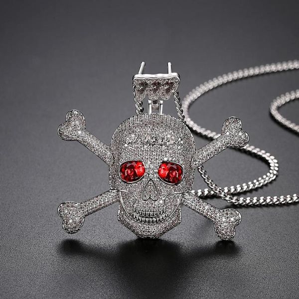 JINSE Voller Strass Punk Rot CZ Stein Skeleton Schädel Anhänger Halsketten für Männer Gold Farbe Hip Hop Schmuck Geschenk Seil kette 1212D