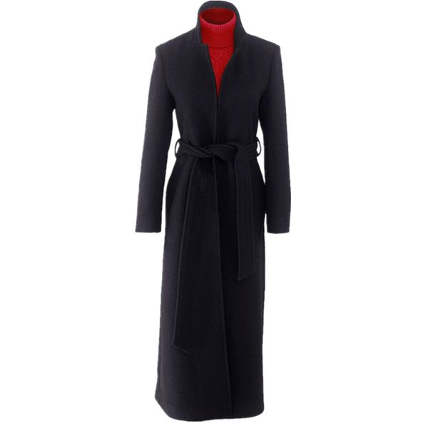 

plus size 3xlblack stand collar woolen coat women slim long belted wool blends coat, Black
