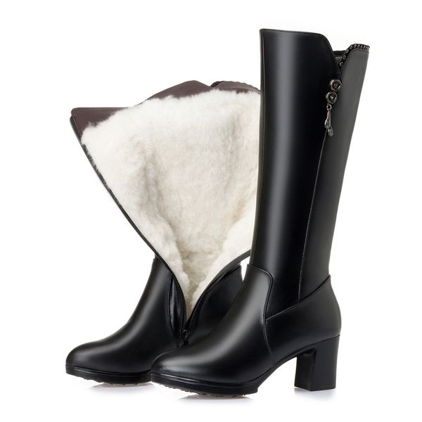 

boots 2021 fashion cowhide metal long tube knight winter shoes woman plush and wool warm snow women, Black