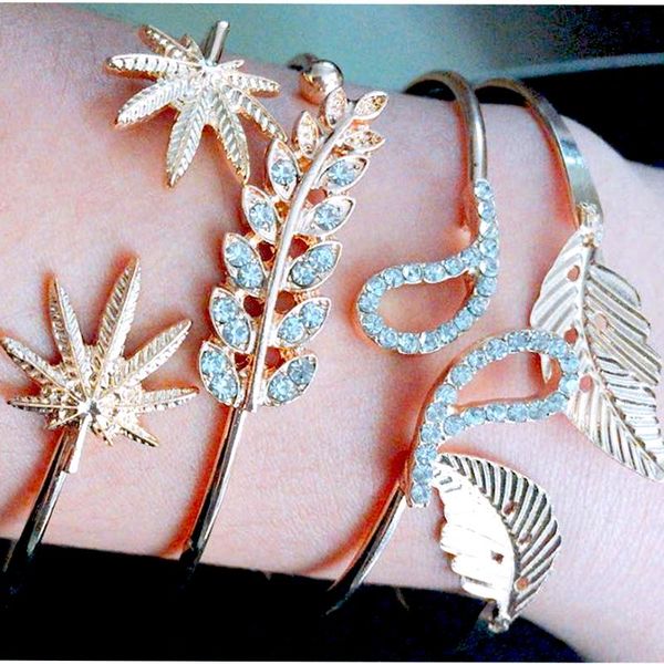 

4 pcs punk gold color leaf crystal open bangle set for women fashion adjustable metal rhineston charm arm cuff pulseira feminina, Black