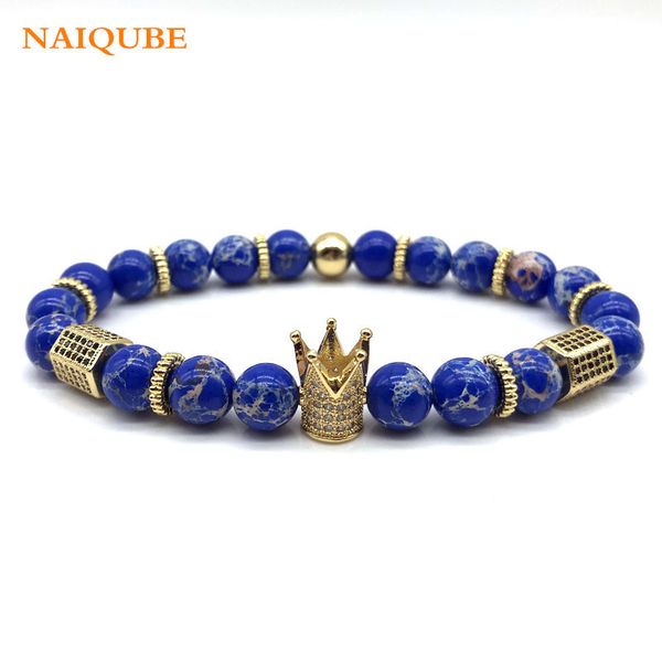 

naiqube 2020 fashion luxury cube charm crown bracelet men stone beads bracelets bangles homme jewelry, Golden;silver