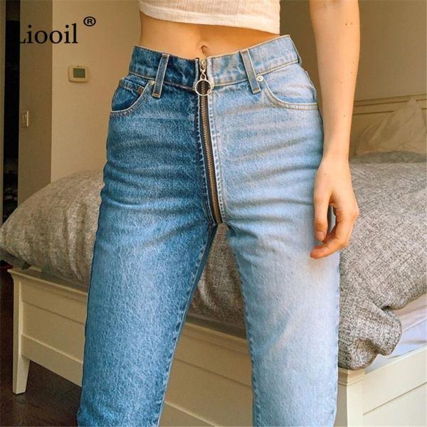 

liooil color block zip up straight leg jeans woman high waist with pockets streetwear patchwork jeans trousers denim pants, Blue