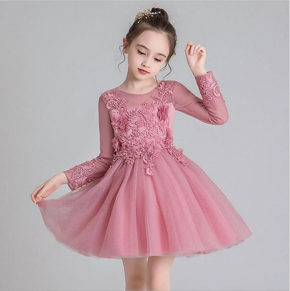 

flower girl dress baptismal dress long sleeve petal elegant lace tutu girls wedding dresses 3-12 years princess baby girl dress, Red;yellow