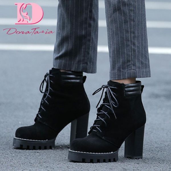 

doratasia new fashion female ankle boots platform round toe square high heels cross tied boots women 2020 elegant woman shoes, Black