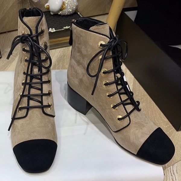 

vintage patchwork ankle boots spring autumn winter brand designer square heels women shoes new fashion lace-up female lady boots, Black