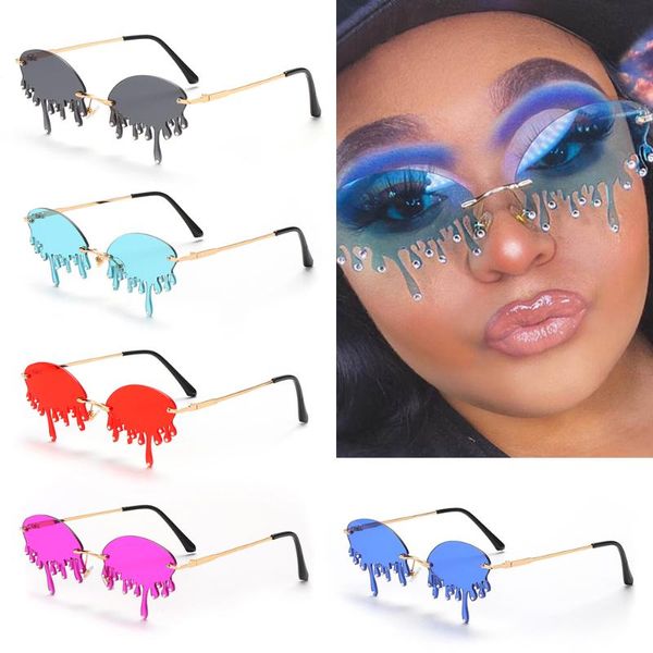 

fashion punk rimless sunglasses luxury rhinestones glasses for women vintage unique tears shape sun glasses summer uv400 eyewear, White;black