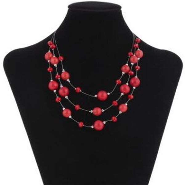 

pinksee charm fashion multilayer red crystal beads choker women girls simple elegant clavicle jewelry sweater chain accessories, Golden;silver