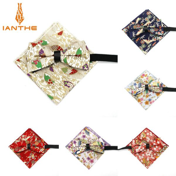 

2020 brand new men's cotton suits bird flower bow tie pocket square set bowtie handkerchief set wedding party butterfly 2pcs/set, Blue;purple
