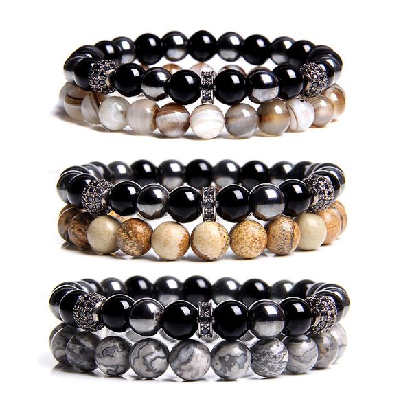 

beaded, strands 2 pieces couple bracelets women natural polished botswana agat beads bracelet men black onyx hematite cz charm bangle jewelr