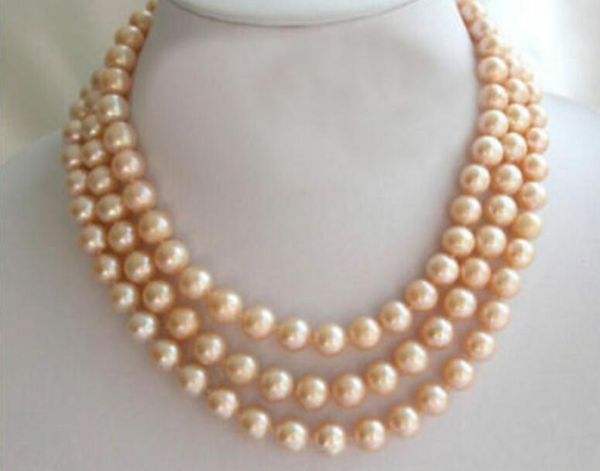 

beautiful 3rows 8-9mm round pink pearls necklace 17"18"19, Silver