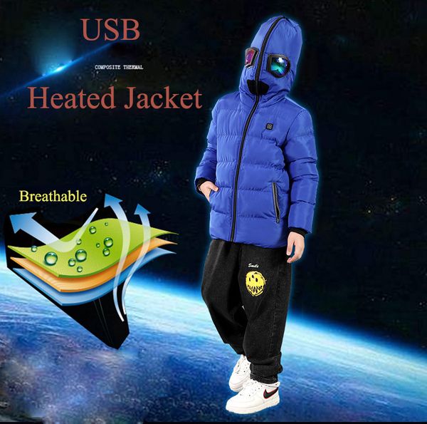 

outdoor t-shirts children heated jacket heating wear usb cotton-padded intelligent constant temperature solid winter, Gray;blue