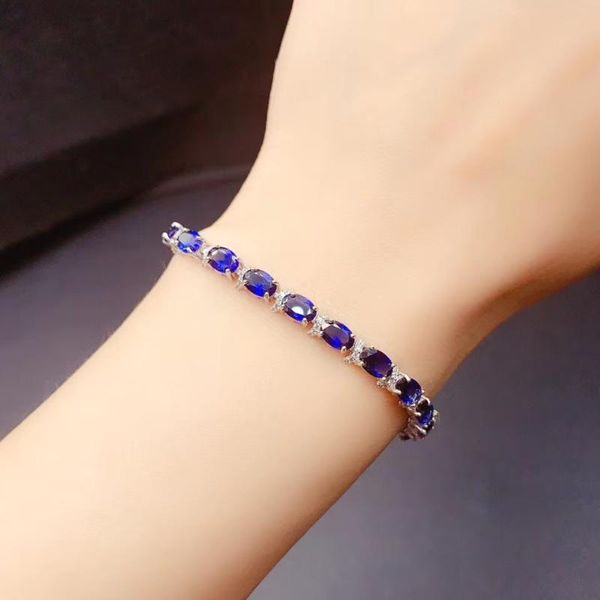 

meibapj new item natural sapphire gemstone bracelet 925 sterling silver blue stone bangle for women fine wedding jewelry, Golden;silver
