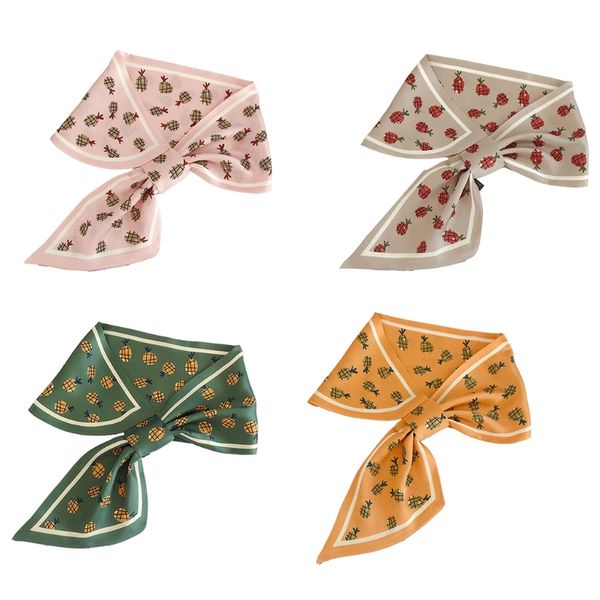 

women imitation silk oblique scarf cute pineapple fruit print office lady neckerchief loophole multifunction long wraps ribbon, Blue;gray