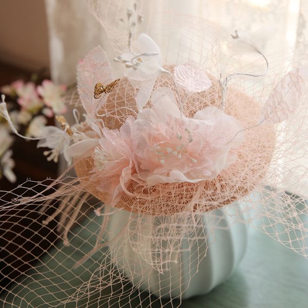 

vintage pink flower veil hat wedding bridal hair accessories flower tulle birdcage veil headpiece head wedding bride hat, Blue;gray