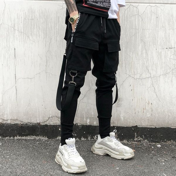 

hip hop joggers mens black harem pants multi pocket ribbons mens sports pants streetwear cargo men japanese streetwear