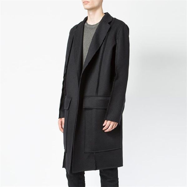 

men's wool & blends yamamoto woolen coat with edges, mid-length, customized, Black