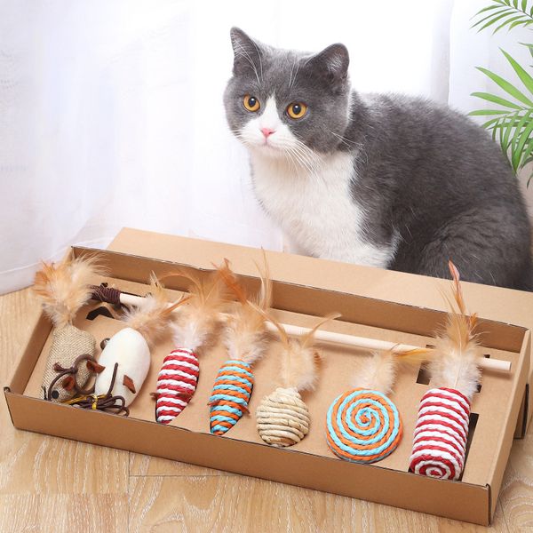 

cat toys feather toy set interactive funny kitten teaser rod gift box package