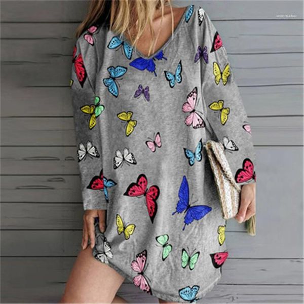 

occident new loose v-neck long sleeve dresses designer ladies casual thin dress women butterfly print dress summer fashion, Black;gray