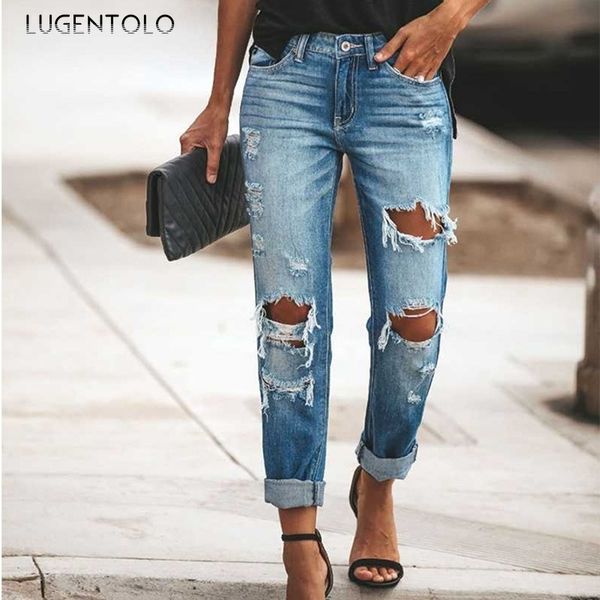 

women's jeans lugentolo casual denim hole ripped fashion trousers straight female street all-match, Blue
