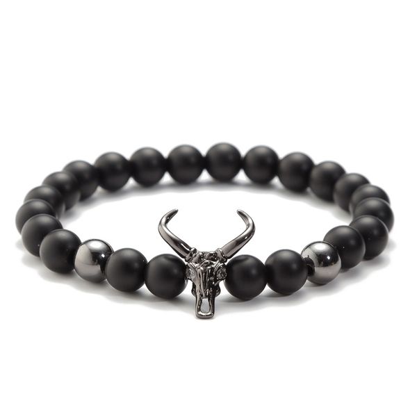 

beaded, strands ashmita bull head skull men bracelet 8mm lava stone beads charm bracelets matte onyx beaded bangles strand jewelry, Black