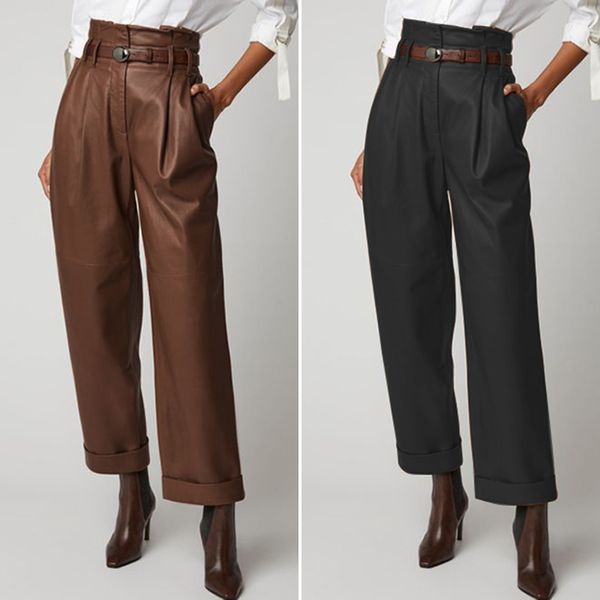 

women's wide leg trousers zanzea 2020 stylish faux leather pants casual button zip long pantalon female black oversized turnip, Black;white