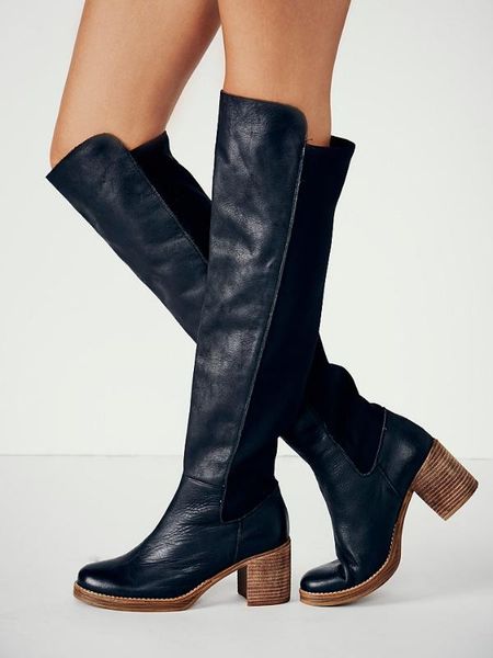 

boots winter women black round toe square heel slip on knee high elastic knight long lady