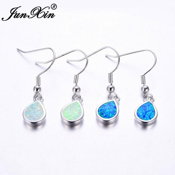 

junxin female dangle earring white & blue fire opal water drop earring silver color double earrings for women