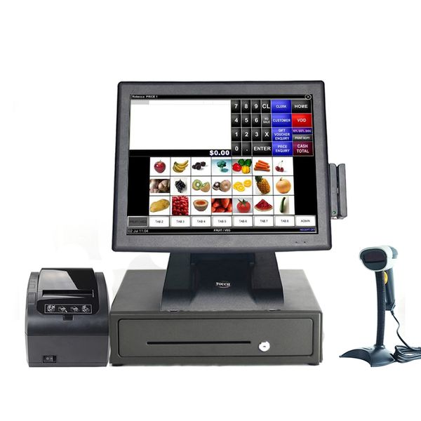 

15 inch 5 wire resistive touch screen restaurant vfd msr all in one with windows os and printer whole set system