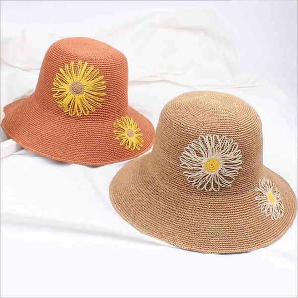 

myzoper 2020 new fashion hand embroidery flower straw hat casual tide wide brim solid color beach hat women's cap, Blue;gray