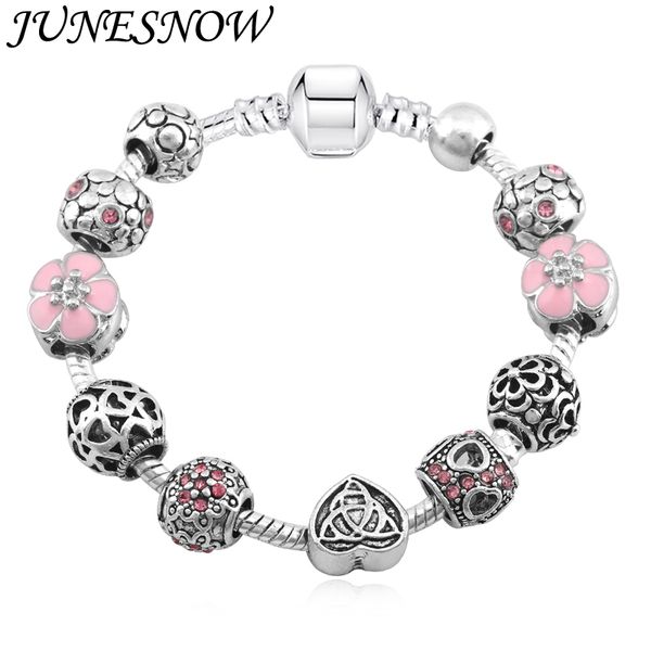 

2020 new arrival pink cherry flower heart beads fit pan bracelet charms for women fashion diy jewelry, Golden;silver