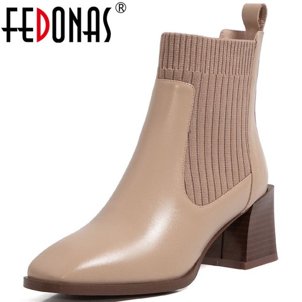 

fedonas ankle boots for lady autumn winter elastic band thick heels boots genuine leather casual basic shoes woman, Black