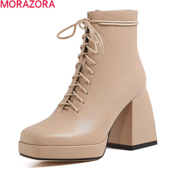 

morazora 2020 genuine leather boots thick high heels square toe fashion ladies shoes simple lace up ankle boots for woman, Black