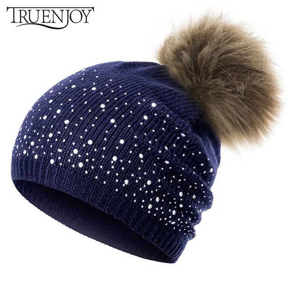 

truenjoy pom pom knitted beanies hat for ladies women's fashion winter hat rhinestone skullies hedging girls female bonnet, Blue;gray