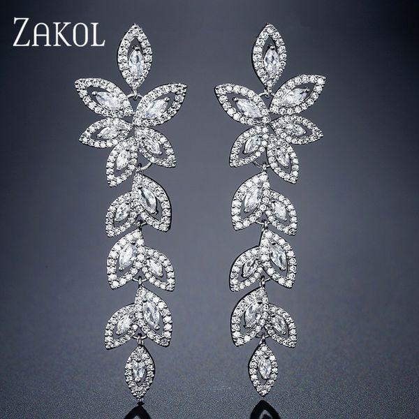 

zakol fashion zirconia crystal bridal long drop earrings for women leaves wedding earrings engagement party jewelry fsep2348 200923, Silver