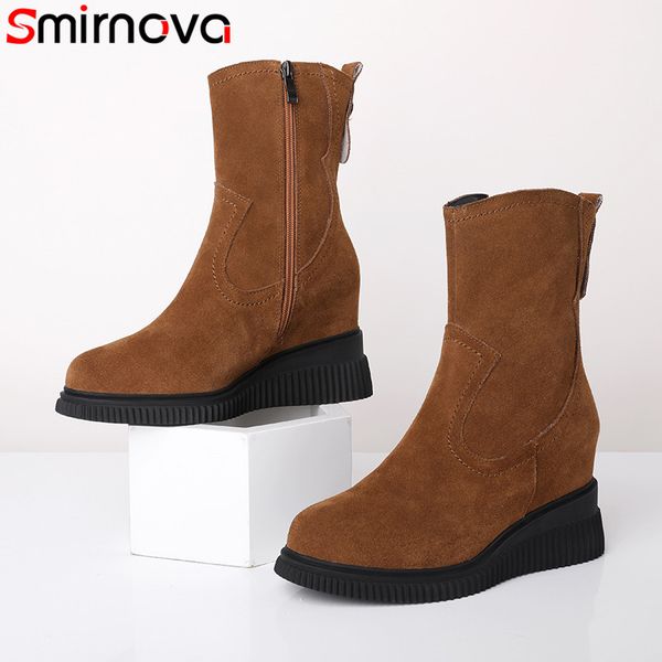 

smirnova 2020 new arrive wedges shoes women suede leather ankle boots round toe zip autumn winter casual shoes ladies, Black
