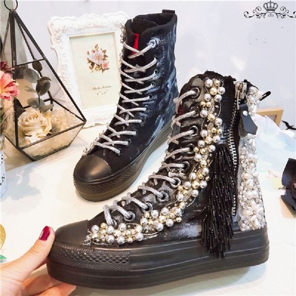 

women platform canvas shoes metal rhinestone pearl lace-up casual shoes, Black