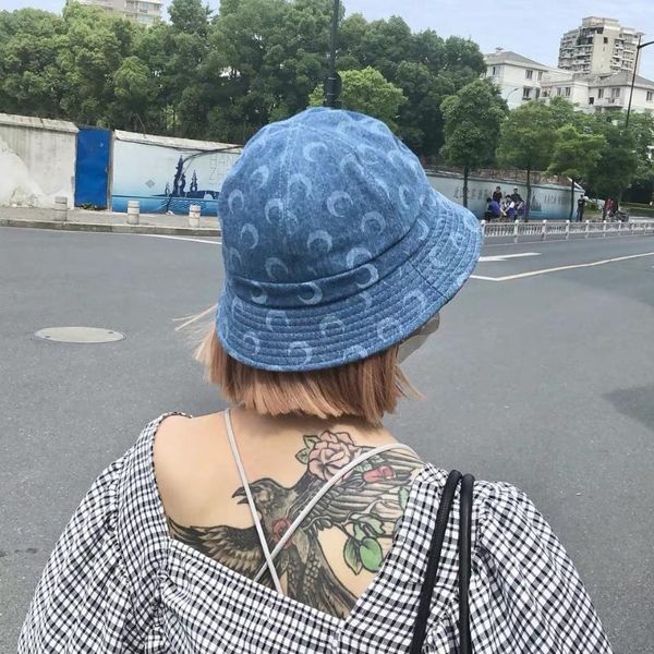 Feminino dobrável lavado denim balde chapéu azul jean bob chapéu borda curta hip hop streetwear bonito lua impresso elegante boné 2020 summer225m