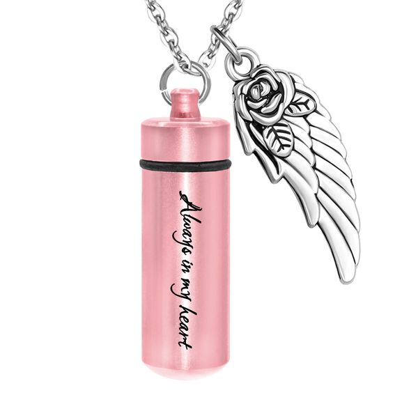 

ashes cremation jewelry for ashes pet/human aluminum alloy cylinder pendant with fill kit velvet bag -always in my heart, Silver