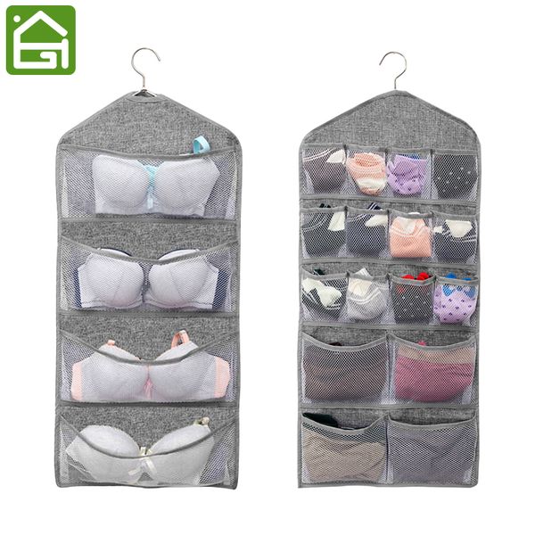 

1 pc double sided hanging closet organizer with mesh pockets durable bra and socks storage with stainless steel hanger