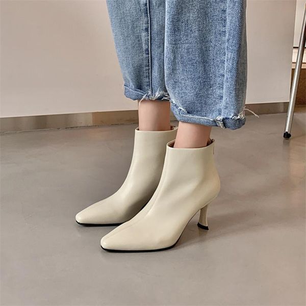 

foreada pointed toe ankle boots real leather high heel woman boots zip thin heel shoes female short autumn winter size 40, Black