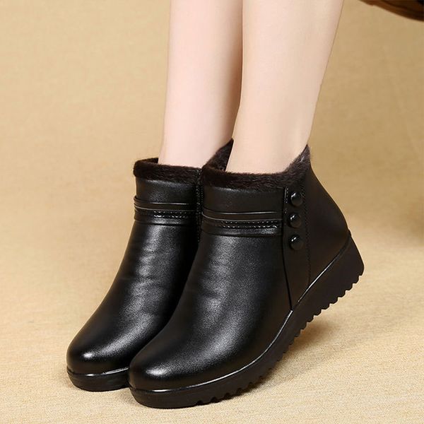 

2020 classic winter black leather boots female winter fur casual shoes for women anti-slip snow boots