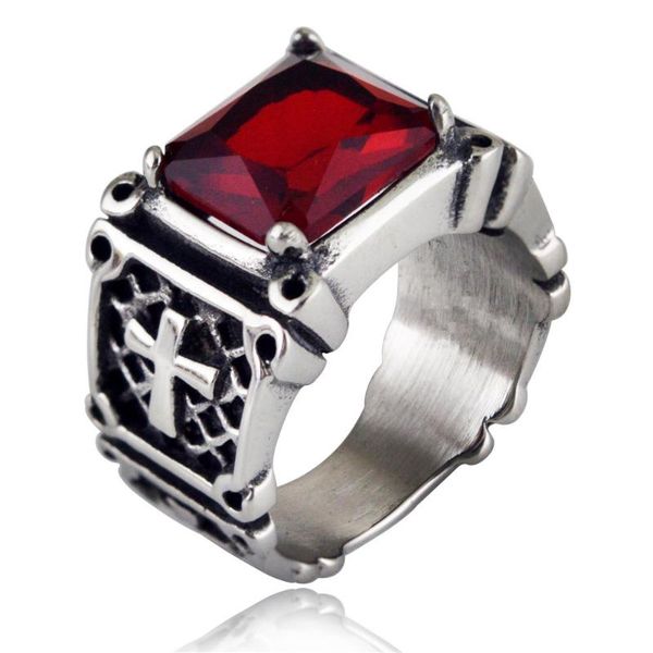 

us 7 to 13 size cross silver color retro ring stainless steel gold red stone rings for men wedding band simple lines ring, Golden;silver