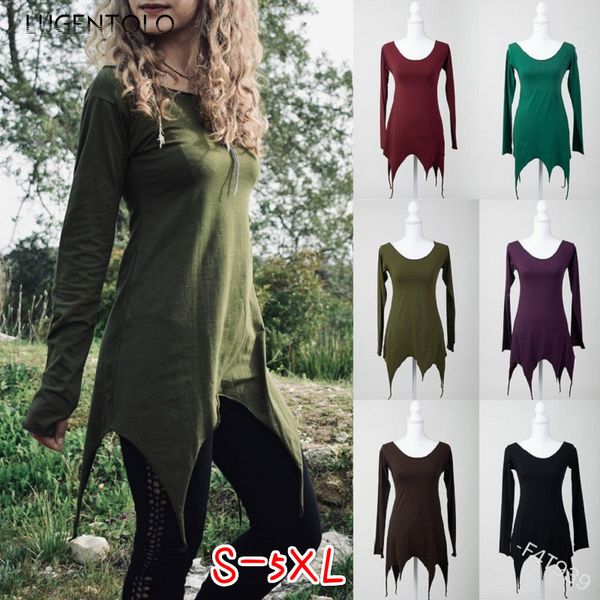 

lugentolo women t-shirt autumn solid color new o-neck long sleeve irregular female loose-fit long bottoming t-shirts, White
