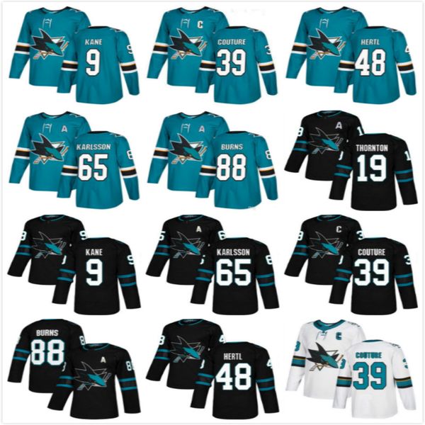 

san jose sharks jerseys 88 brent burns 65 erik karlsson 39 logan couture 19 thornton 9 evander kane green black hockey jerseys, Black;red