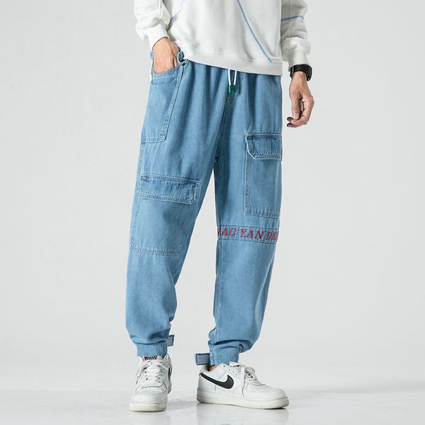 

men's jeans trousers summer baggy homme classic cargo pocket mens blue color casual pants biker denim