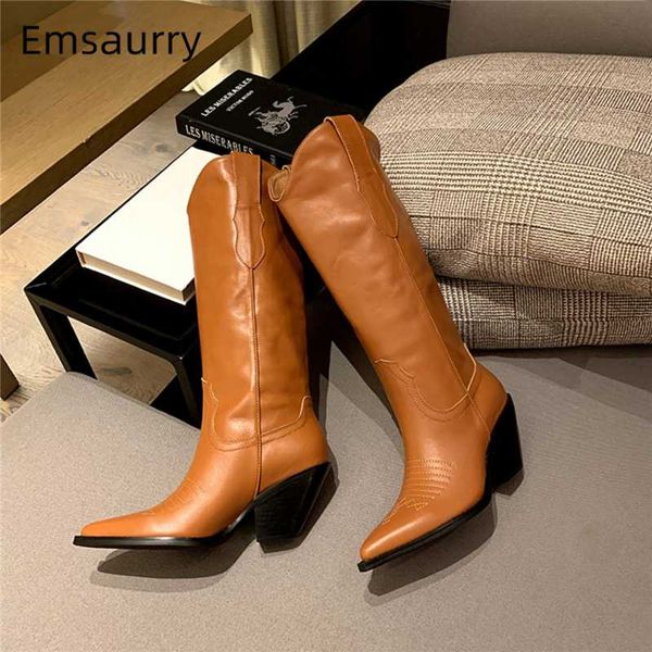 

chic winter 2020 genuine leather long boots pointed toe square heel sewing patchwork runway boots woman, Black