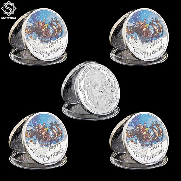 

5pcs merry christmas santa claus craft fine silver father coin snowman & elk gift