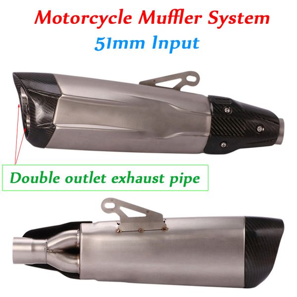 

51mm head motorcycle double outlet exhaust pipe stainless steel carbon fiber tail muffler system set 550mm 630mm length