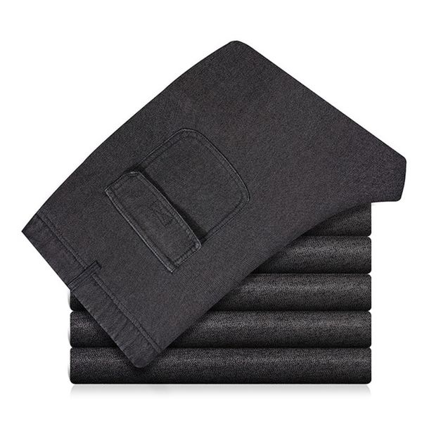 

2020 middle-aged men's autumn and winter plus velvet thick elastic waist jeans high waist casual trousers, Blue