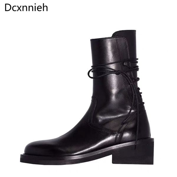 

dcxnnieh black ankle boots women lace-up round toe zipper-sid thick bottom boots 2020 autumn new leather botas mujer girl
